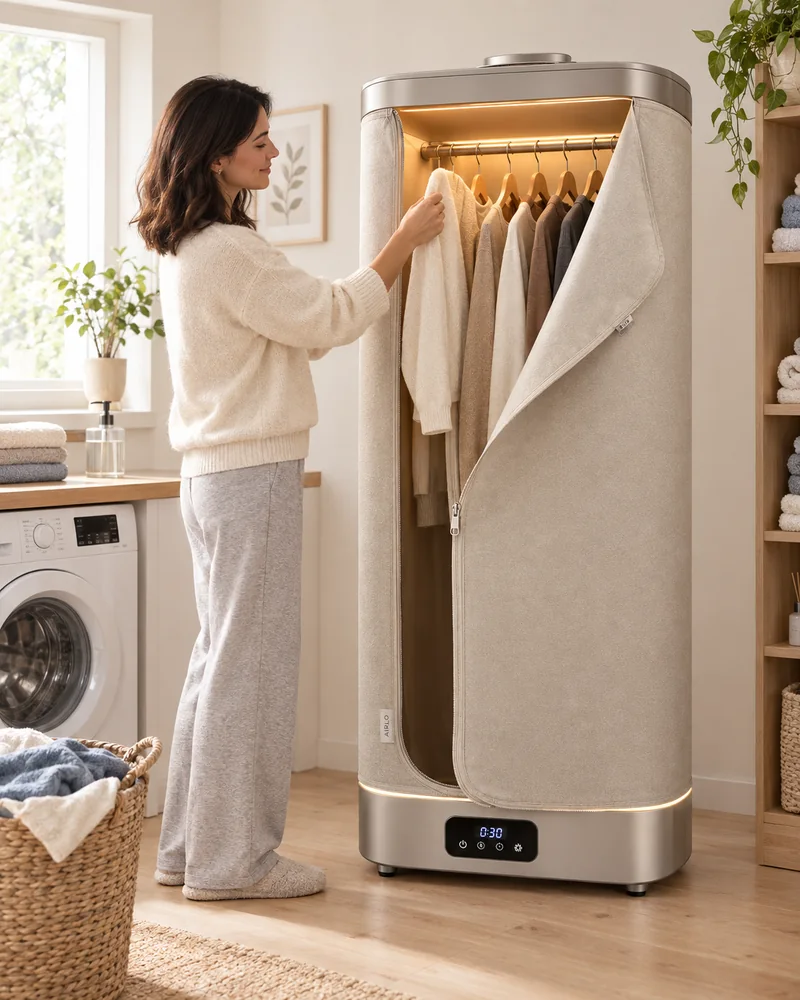 Ventora portable 3-in-1 dryer, zip door open with the laundry hanging inside